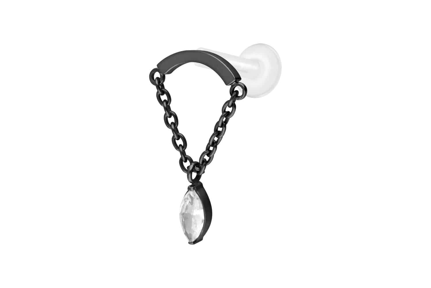 PTFE Labret Piercing mit Innengewinde + Titan-Aufsatz BOGEN + KETTE + KRISTALLTROPFEN